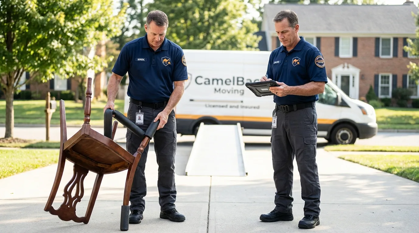 Movers inspecting furniture for damage prevention before loading in Newbern, TN